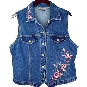 VTG Y2K Bill Blass Floral Embroider & Rhinestone Detail Button Down Jean Vest L
